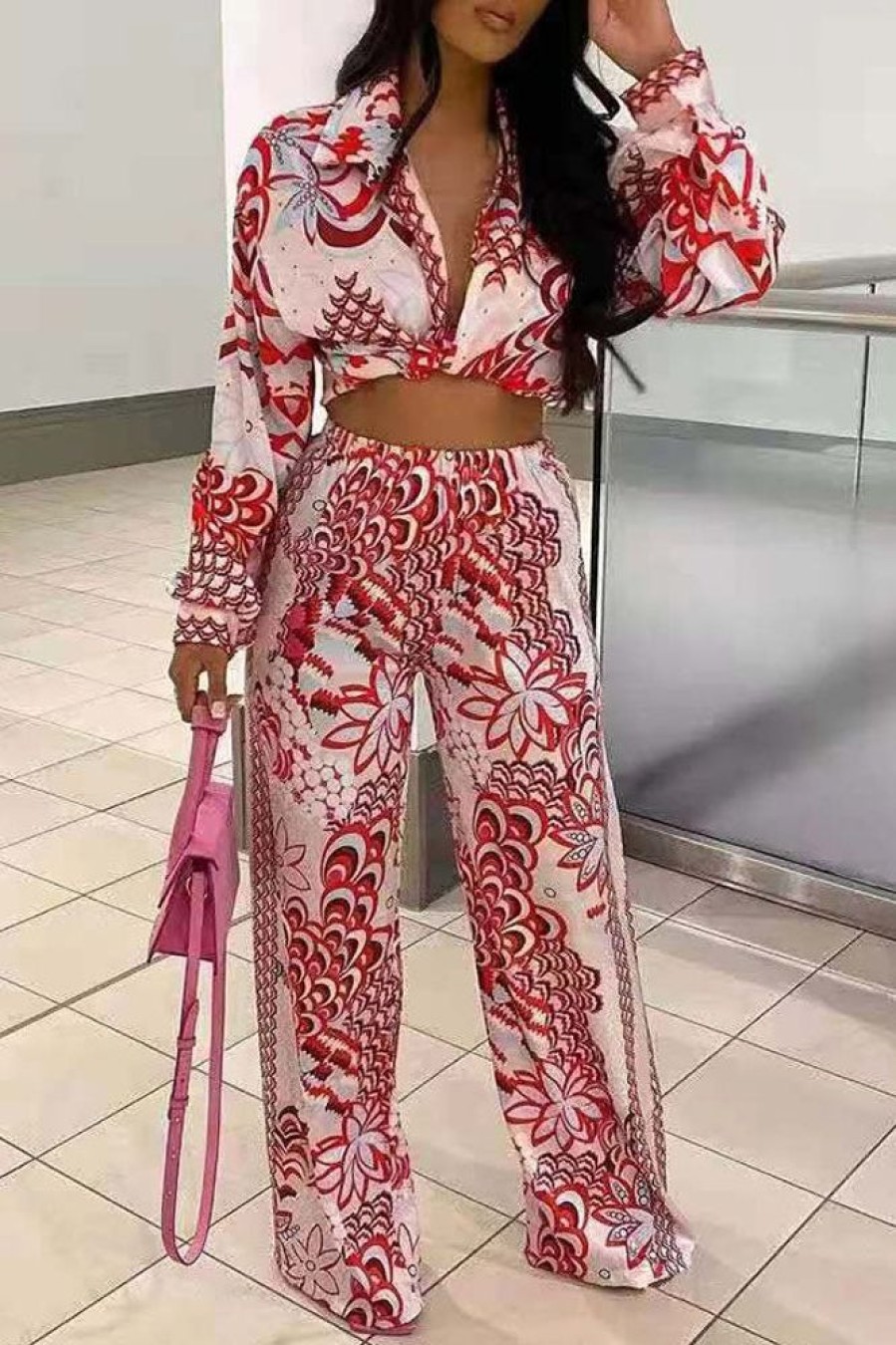 2-Pieces female | Commuter Print Long Sleeve Short Shirt Wide Leg Pant Suits Red