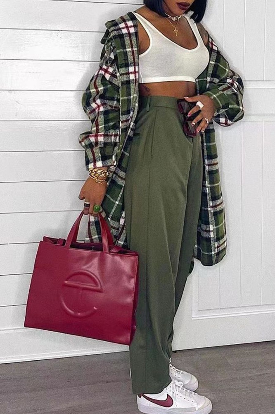 Tops & Outerwear female | Retro Plaid Lapel Single Bressted Midi Overcoat Green