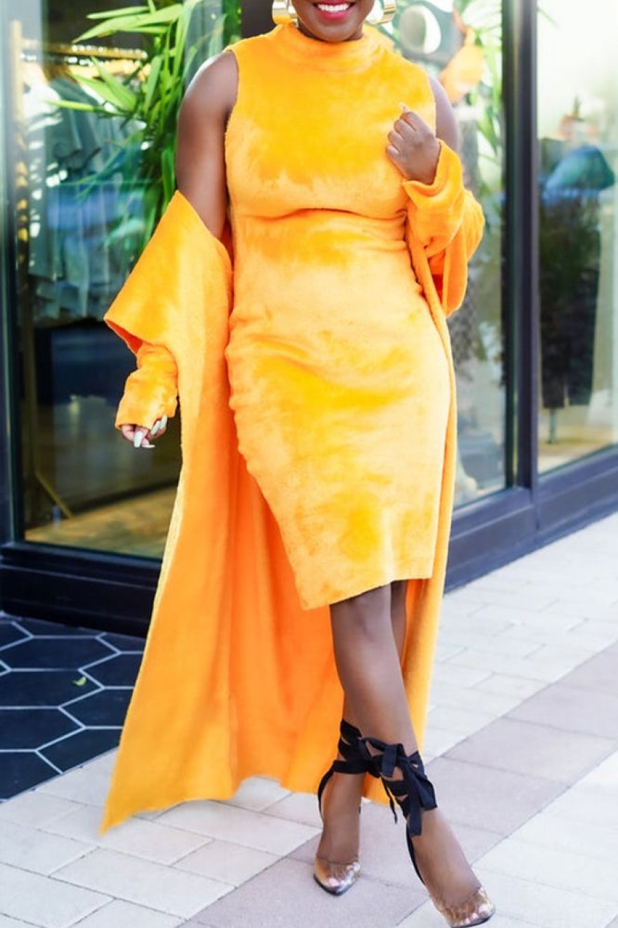 2-Pieces female | Elegant Plush Large Lapel Lace-Up Maxi Cardigan Sleeveless Midi Dress Suits Orange