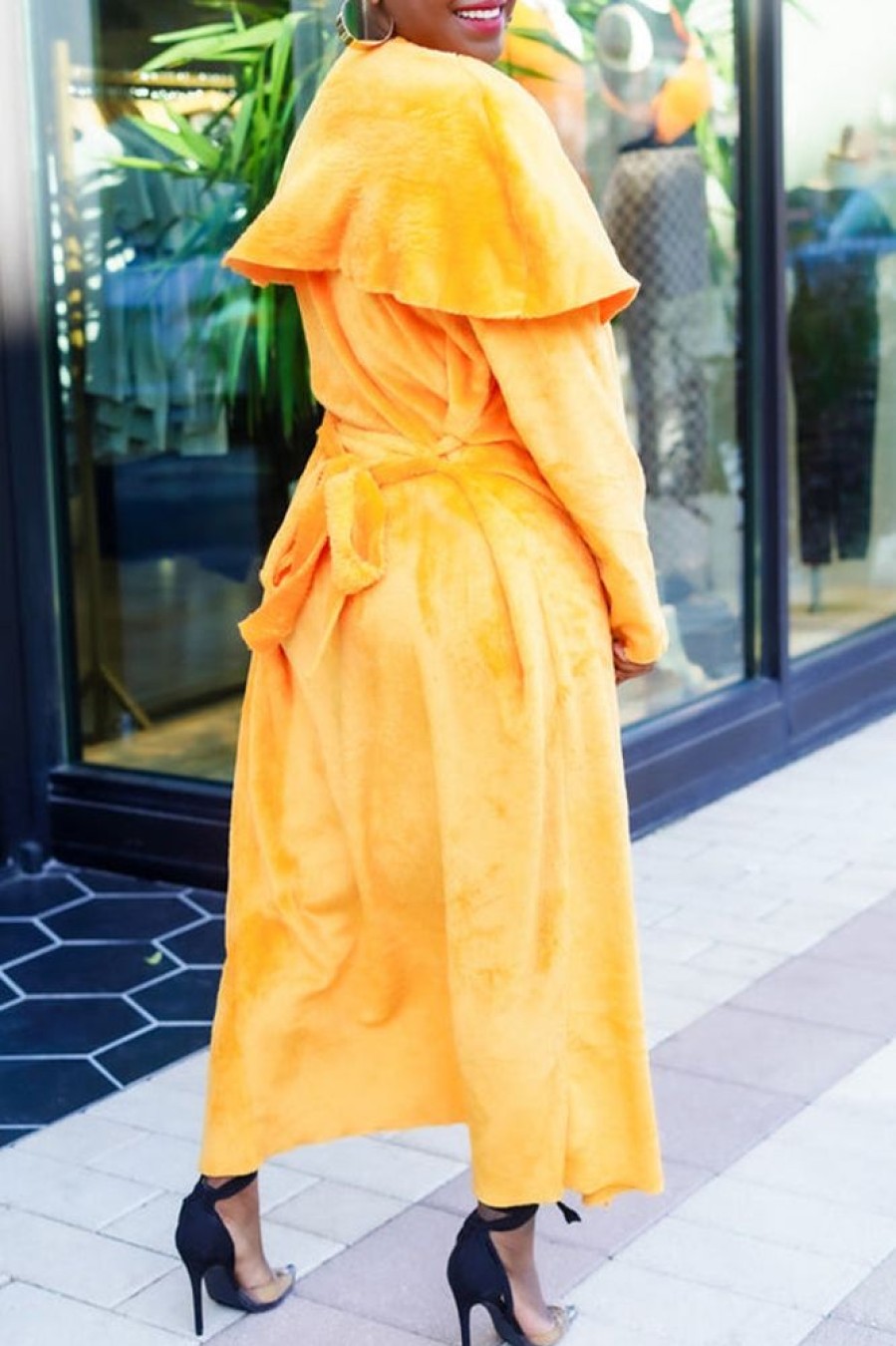 2-Pieces female | Elegant Plush Large Lapel Lace-Up Maxi Cardigan Sleeveless Midi Dress Suits Orange