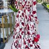 Dresses female | High Waist Romantic Shirt Premium Chiffon Print Swing Dress Red