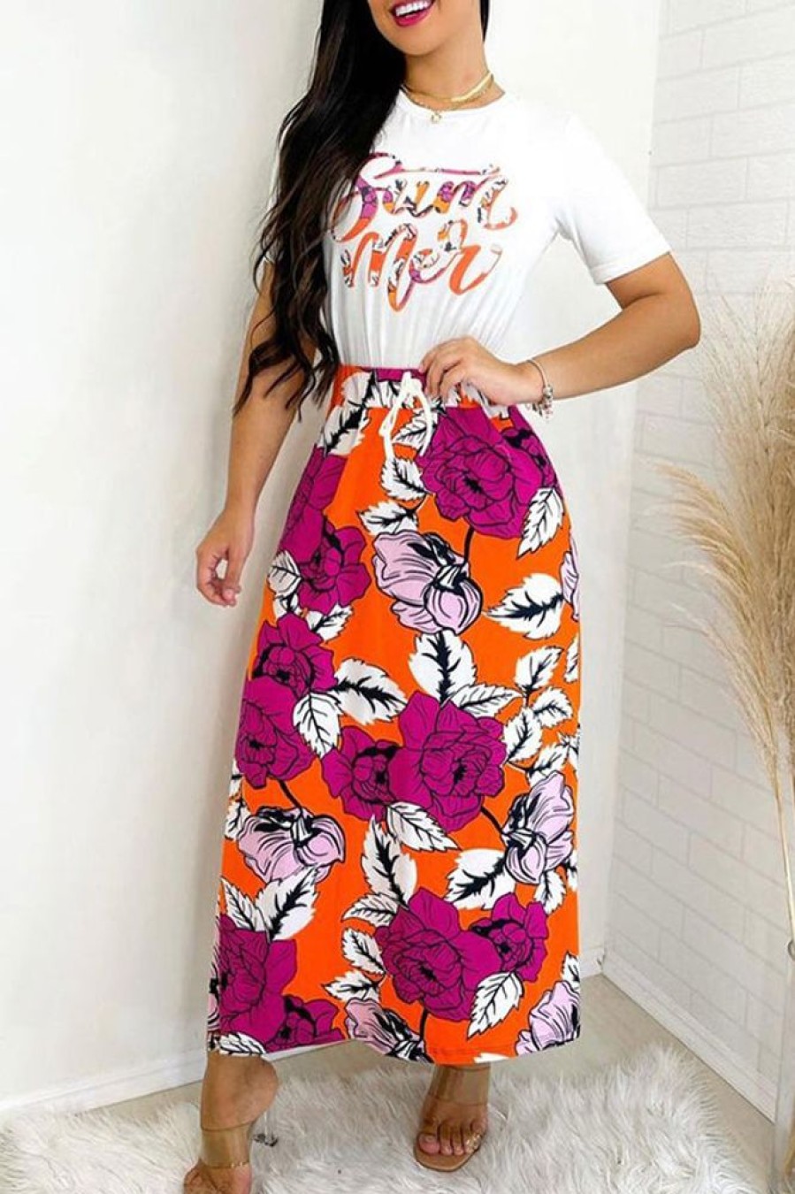 2-Pieces female | Colorful Print Casual T-Shirt Skirt Set Multicolor