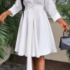 Dresses female | Solid Long Sleeve Tie Waist A-Line Shirt Dress