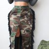 Bottoms female | Fashion Personalized Camouflage Washed Tassel High Slit Skirt Army Green