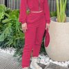 2-Pieces female | Casual Solid Color Zip Hooded Jacket Elastic Waist Pant Suits Rose Red