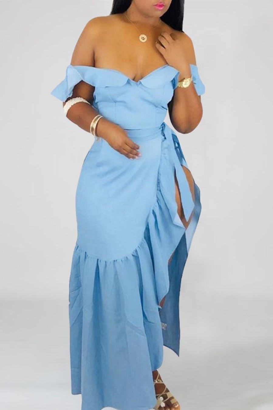 2-Pieces female | Solid Color V-Neck Ruffled Off-Shoulder Irregular Slit Dress Set Wathet Blue