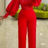 Jumpsuits & Rompers female | Fashion Lace Stitching Round Neck Puff Sleeve Jumpsuit Red