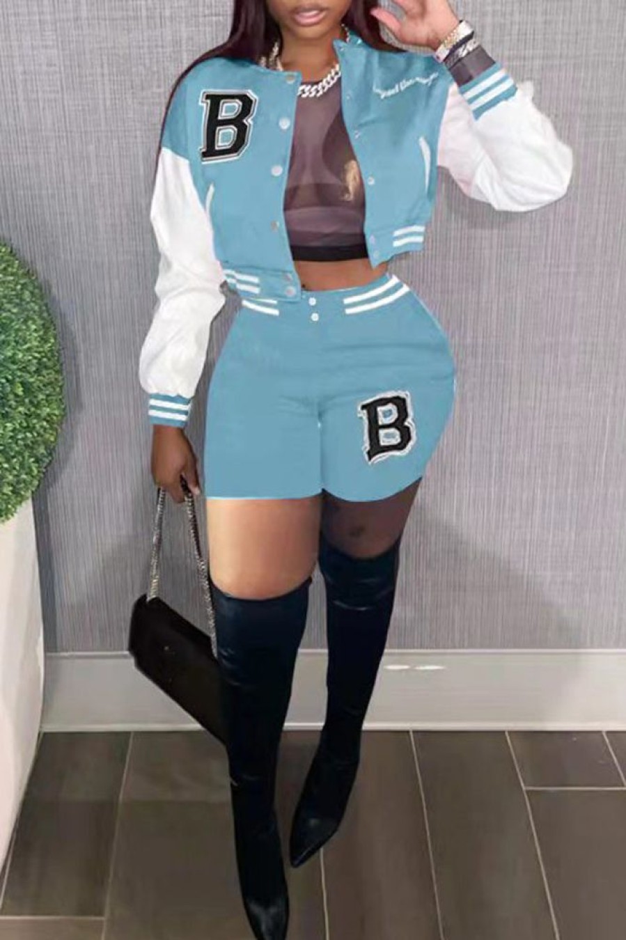 2-Pieces female | Casual Stitching White Long Sleeved Short Baseball Jacket Slim Fit Shorts Suit