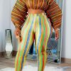 2-Pieces female | Colorful Striped Drawstring Sleeve Pants Suit