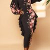 Dresses female | Charming Flower Print Ruffled Puff Sleeve Maxi Dress Black