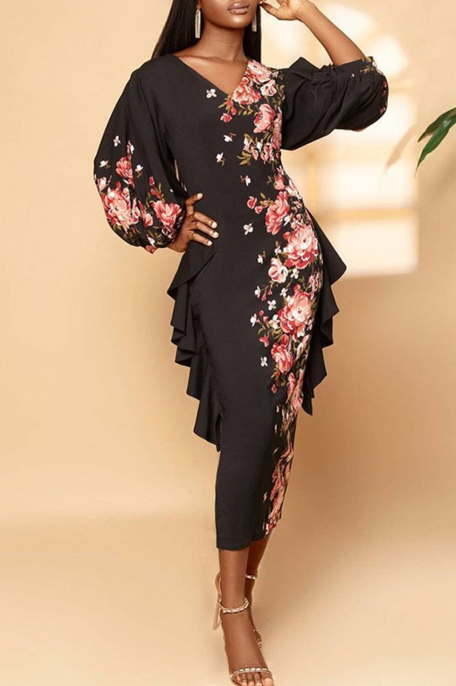 Dresses female | Charming Flower Print Ruffled Puff Sleeve Maxi Dress Black