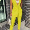 2-Pieces female | Commuter Solid Color Belt Lapel Sleeveless Gilet Pant Suits