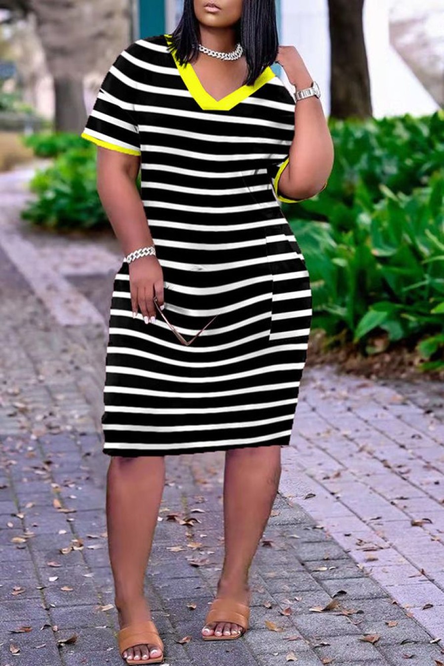 Dresses female | V-Neck Striped Side Pocket Plus Size Mini Dress