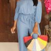 Jumpsuits & Rompers female | Solid Color Off Shoulder High Waist Belt Casual Wide Leg Jumpsuit Wathet Blue