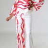 2-Pieces female | Fashion Stripe Print Batwing Sleeve Slash Neck Blouse High Wasit Pant Suits Red