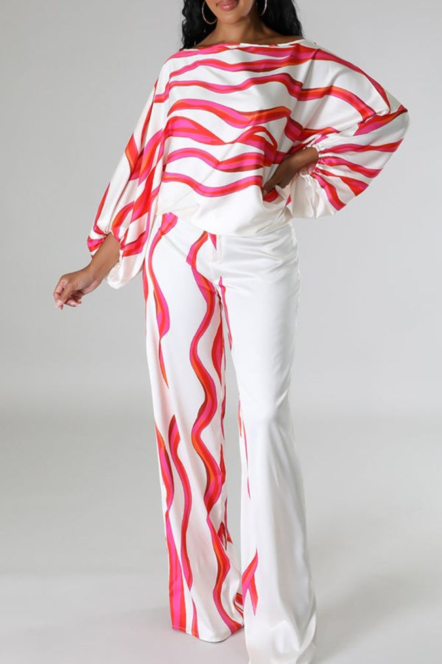 2-Pieces female | Fashion Stripe Print Batwing Sleeve Slash Neck Blouse High Wasit Pant Suits Red