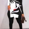 2-Pieces female | Casual Avatar Print Long Sleeve T-Shirt Pencil Pants Two-Piece Set Black