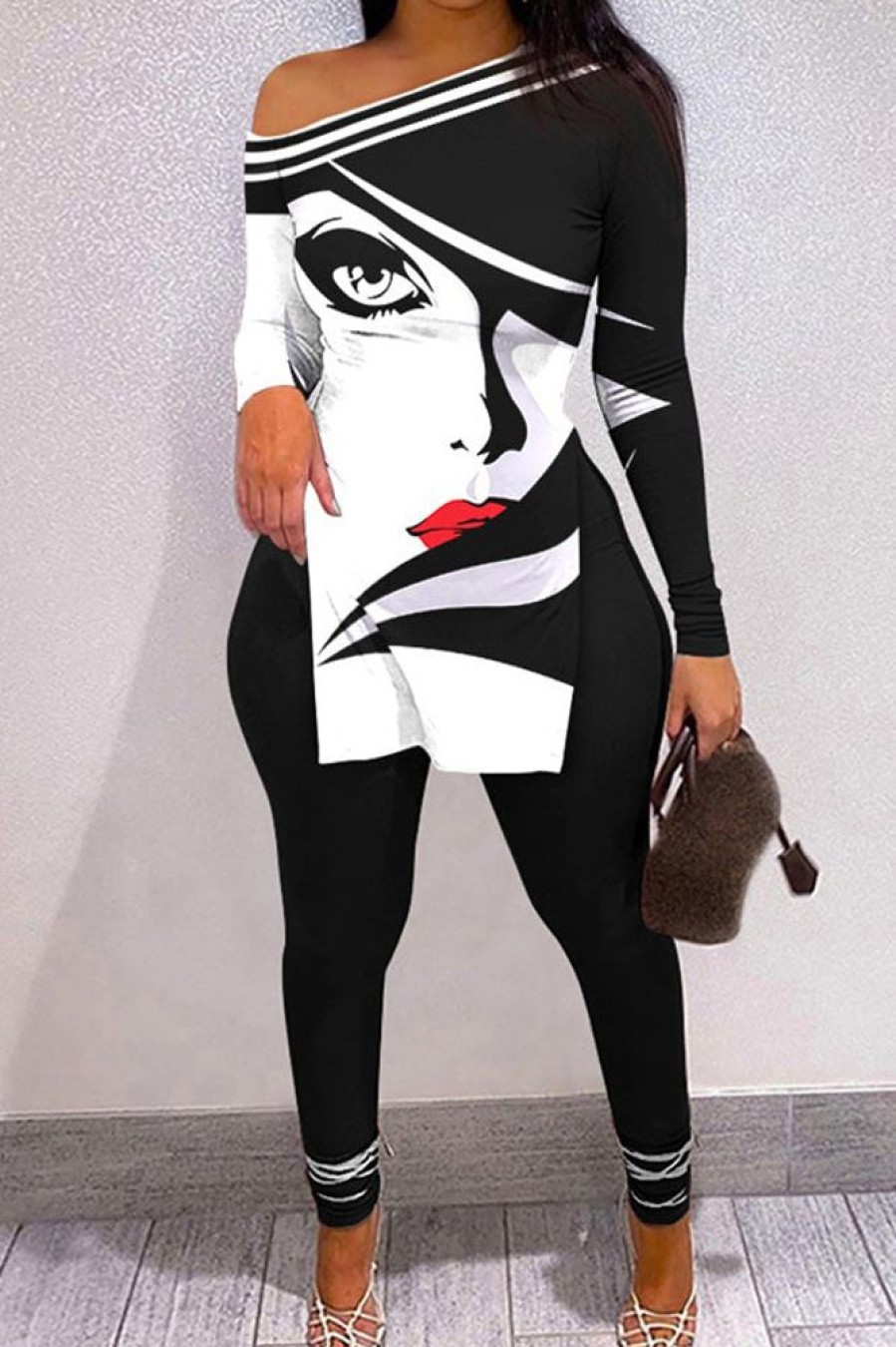 2-Pieces female | Casual Avatar Print Long Sleeve T-Shirt Pencil Pants Two-Piece Set Black