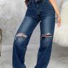 Bottoms female | Personality Hole Stretch All Match Straight Leg Jeans Navy Blue