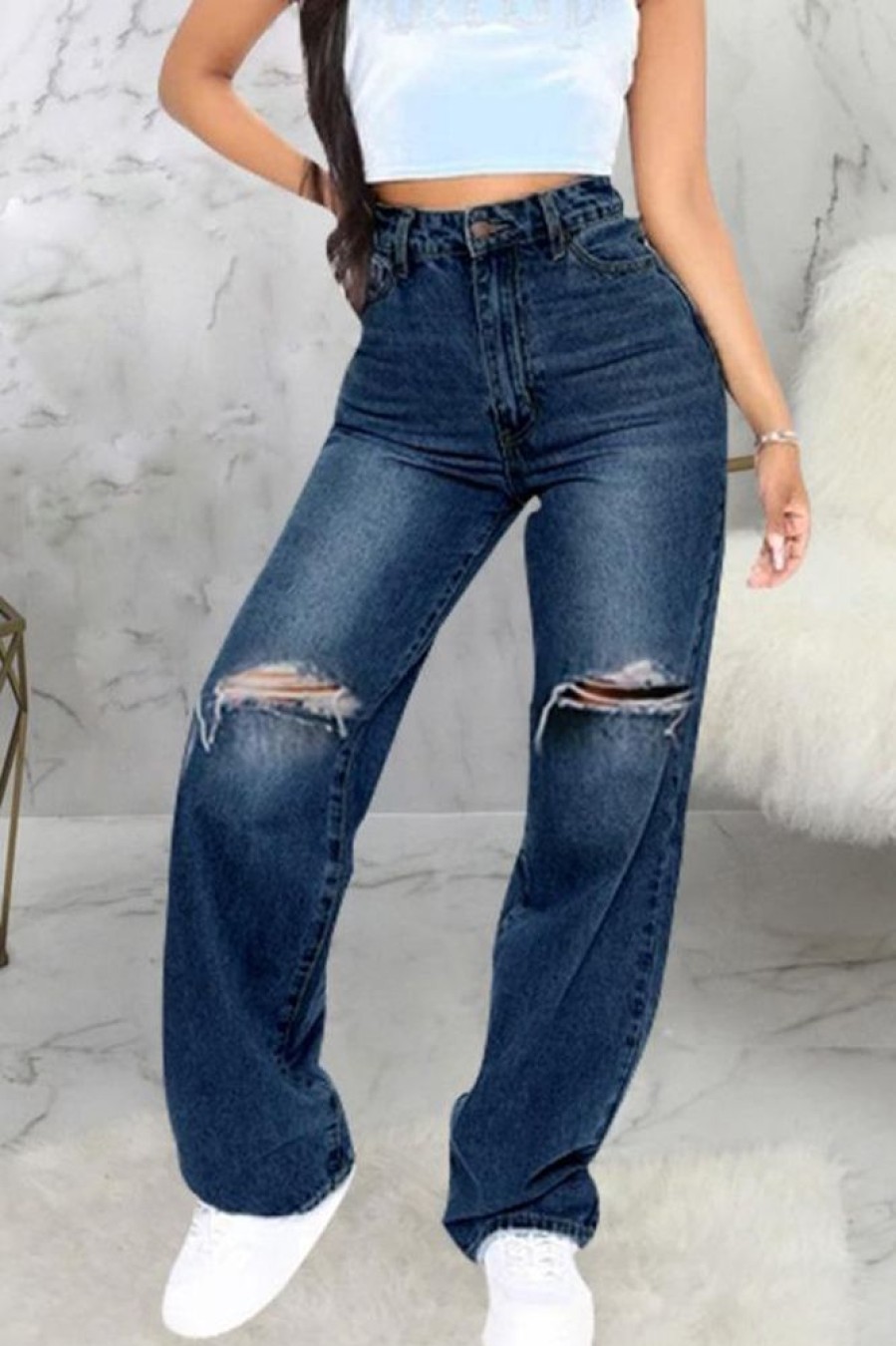 Bottoms female | Personality Hole Stretch All Match Straight Leg Jeans Navy Blue