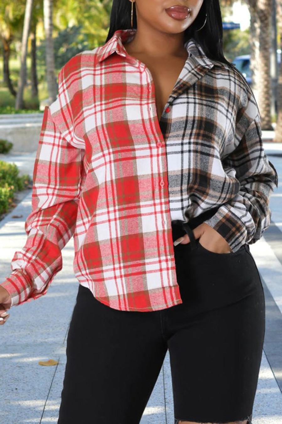 Tops & Outerwear female | Casual Fashion Contrast Color Plaid Long Sleeve Blouse Red