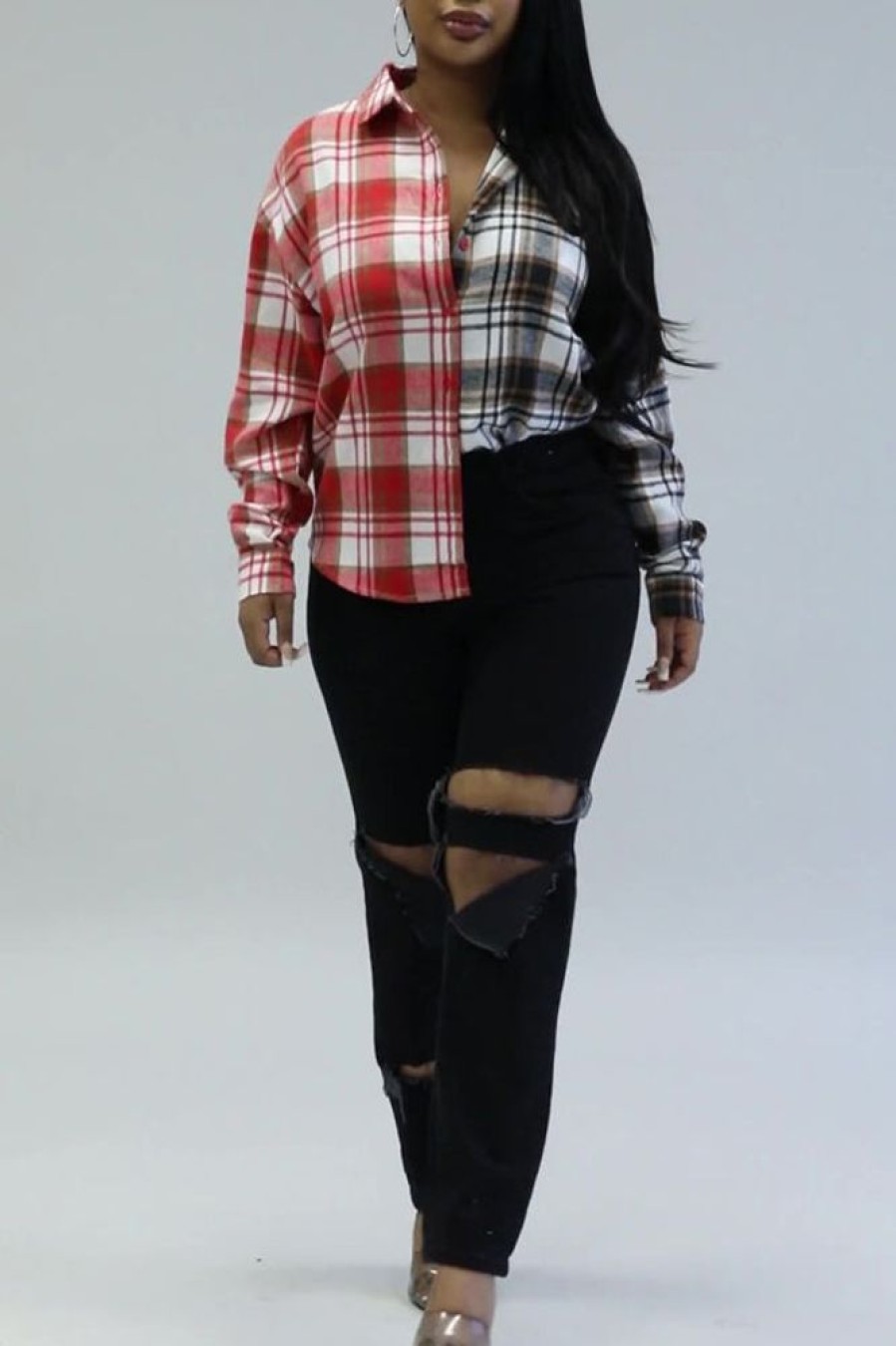 Tops & Outerwear female | Casual Fashion Contrast Color Plaid Long Sleeve Blouse Red