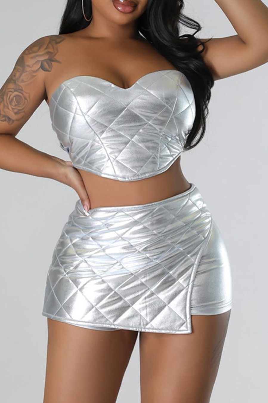 2-Pieces female | Sexy Bandeau Slim-Fit Faux Leather Top Quilted Culottes Suits Silver