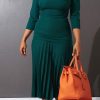 Dresses female | Commuter Square Collar 3/4 Length Sleeve Pleated Midi Dress