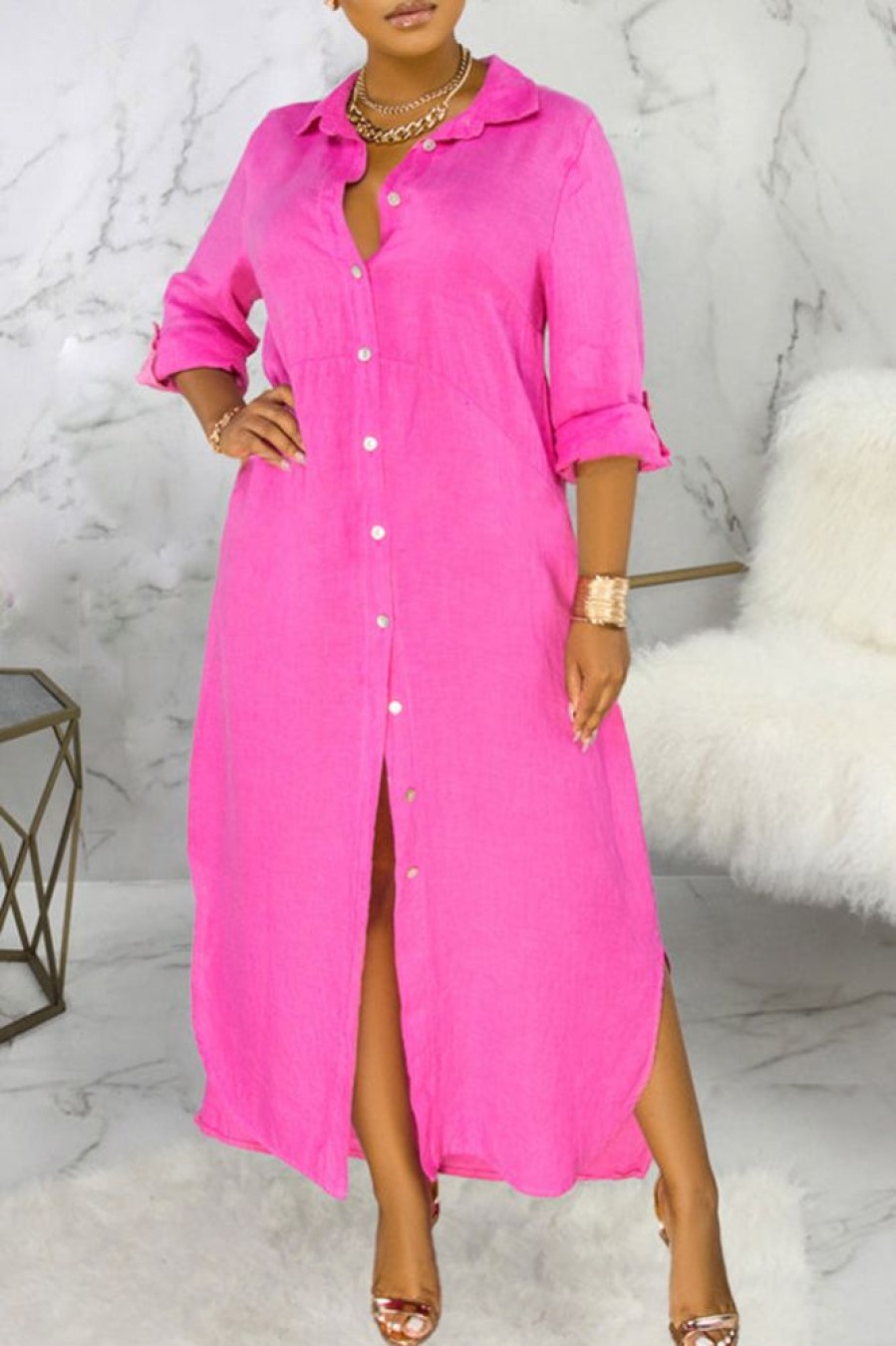 Dresses female | Basic Solid Color Loose Single Breasted Long Sleeve Maxi Dress