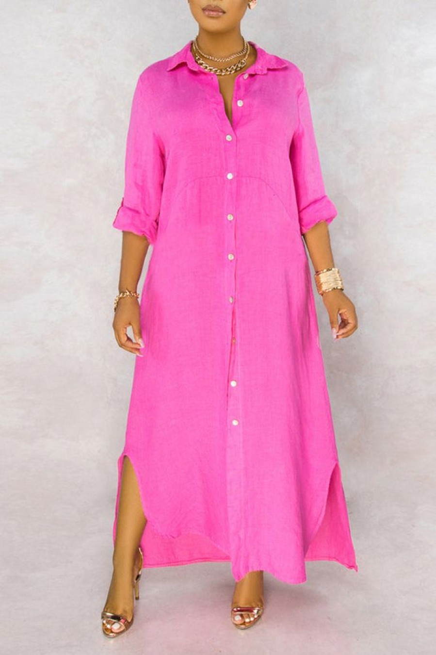 Dresses female | Basic Solid Color Loose Single Breasted Long Sleeve Maxi Dress