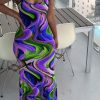 Dresses female | Plus Size Fashion Print U Collar Maxi Dress