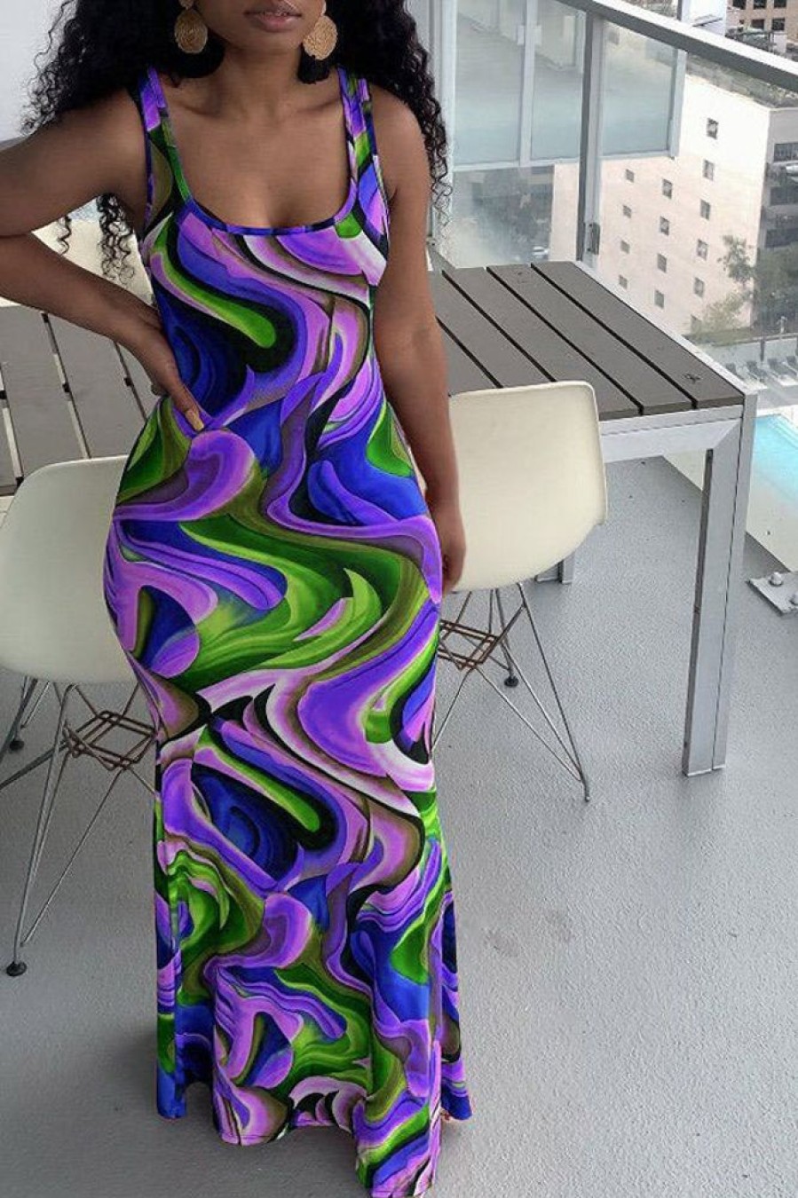 Dresses female | Plus Size Fashion Print U Collar Maxi Dress