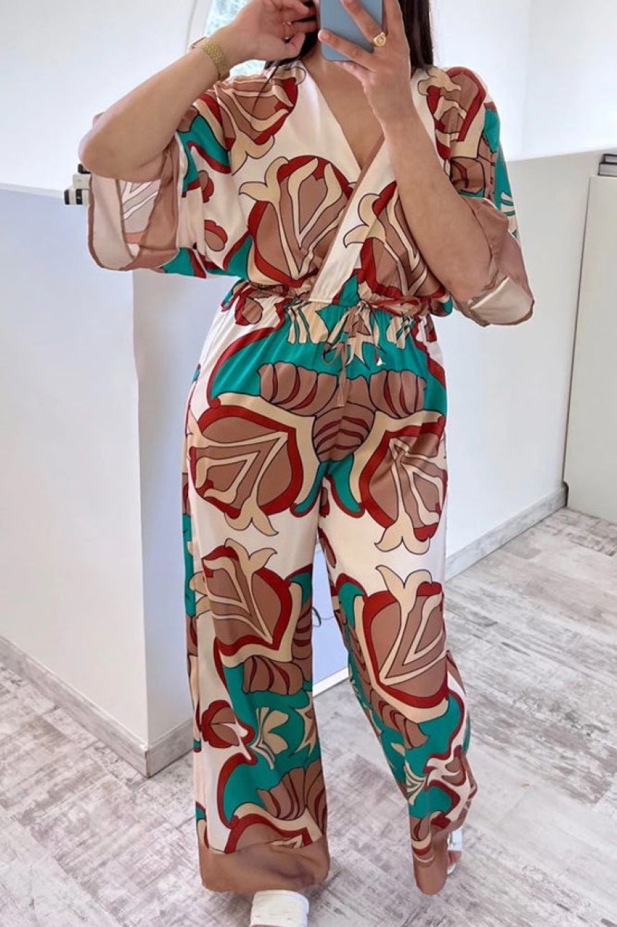 Jumpsuits & Rompers female | Fashion Printed Short Sleeve Shirt Collar High Waist Casual Loose Jumpsuit Brown