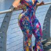 Jumpsuits & Rompers female | Fashion Check Print Lapel Slim Zip Jumpsuit Blue