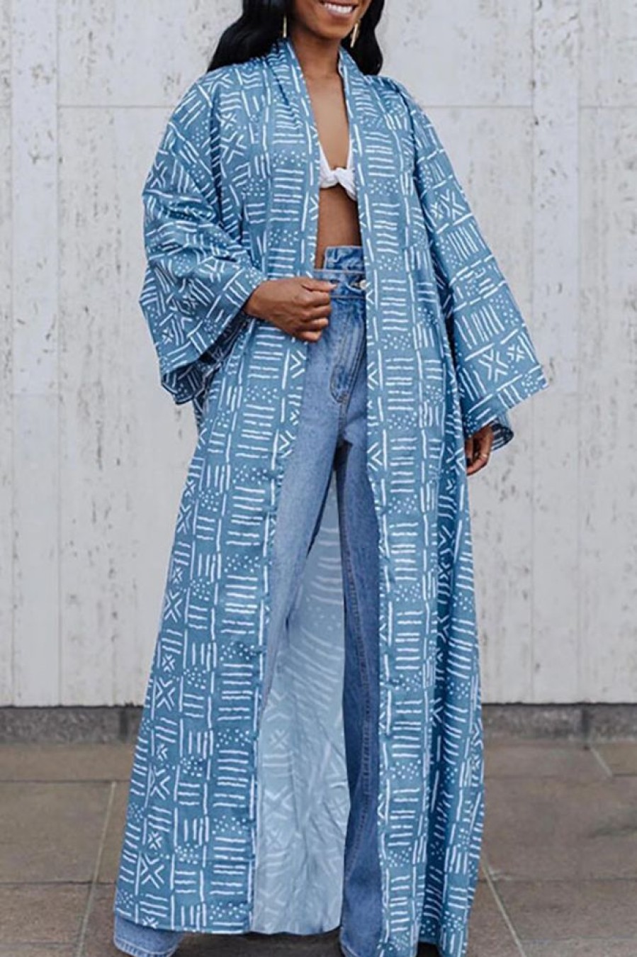 Tops & Outerwear female | Multi-Length Fashion Print Collarless Plus Size Kimono Blue