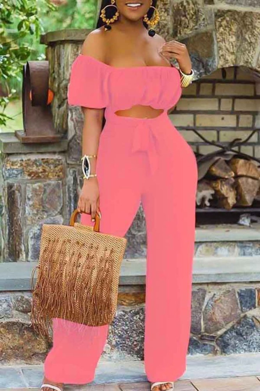 Jumpsuits & Rompers female | Solid Color Short-Sleeved Off-The-Shoulder Jumpsuit Red