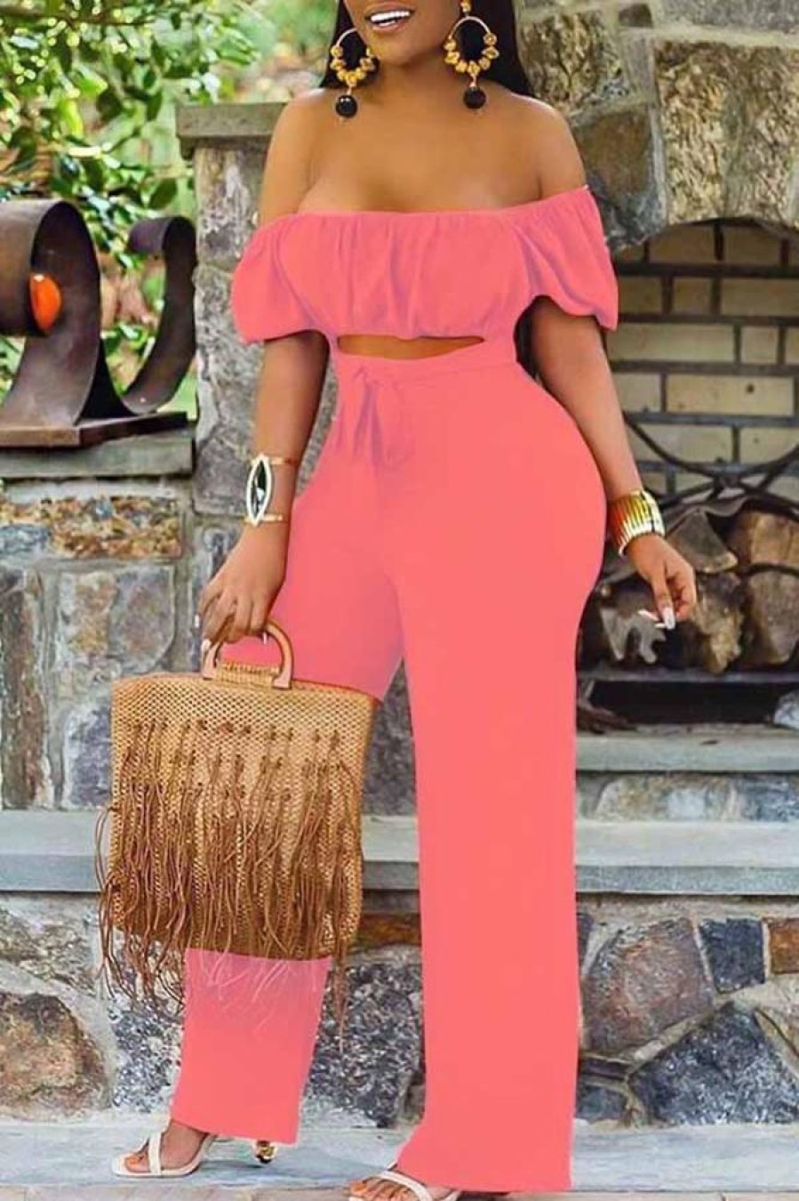 Jumpsuits & Rompers female | Solid Color Short-Sleeved Off-The-Shoulder Jumpsuit Red