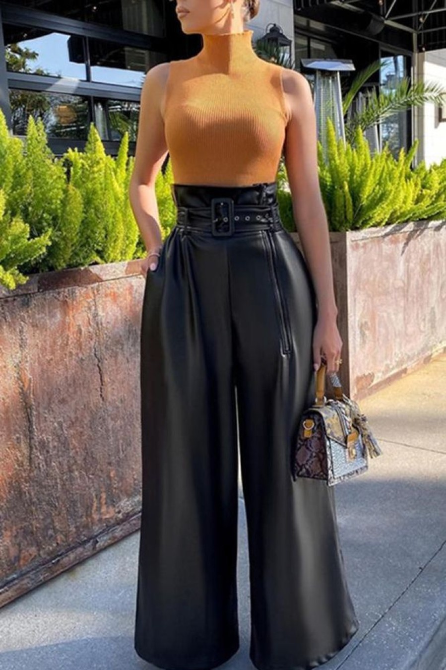 Bottoms female | Fashion Faux Pu High Waist Belt Wide Leg Pants Black