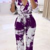 Jumpsuits & Rompers female | Fashion Print V-Neck Long Sleeve Tie Waist Jumpsuit