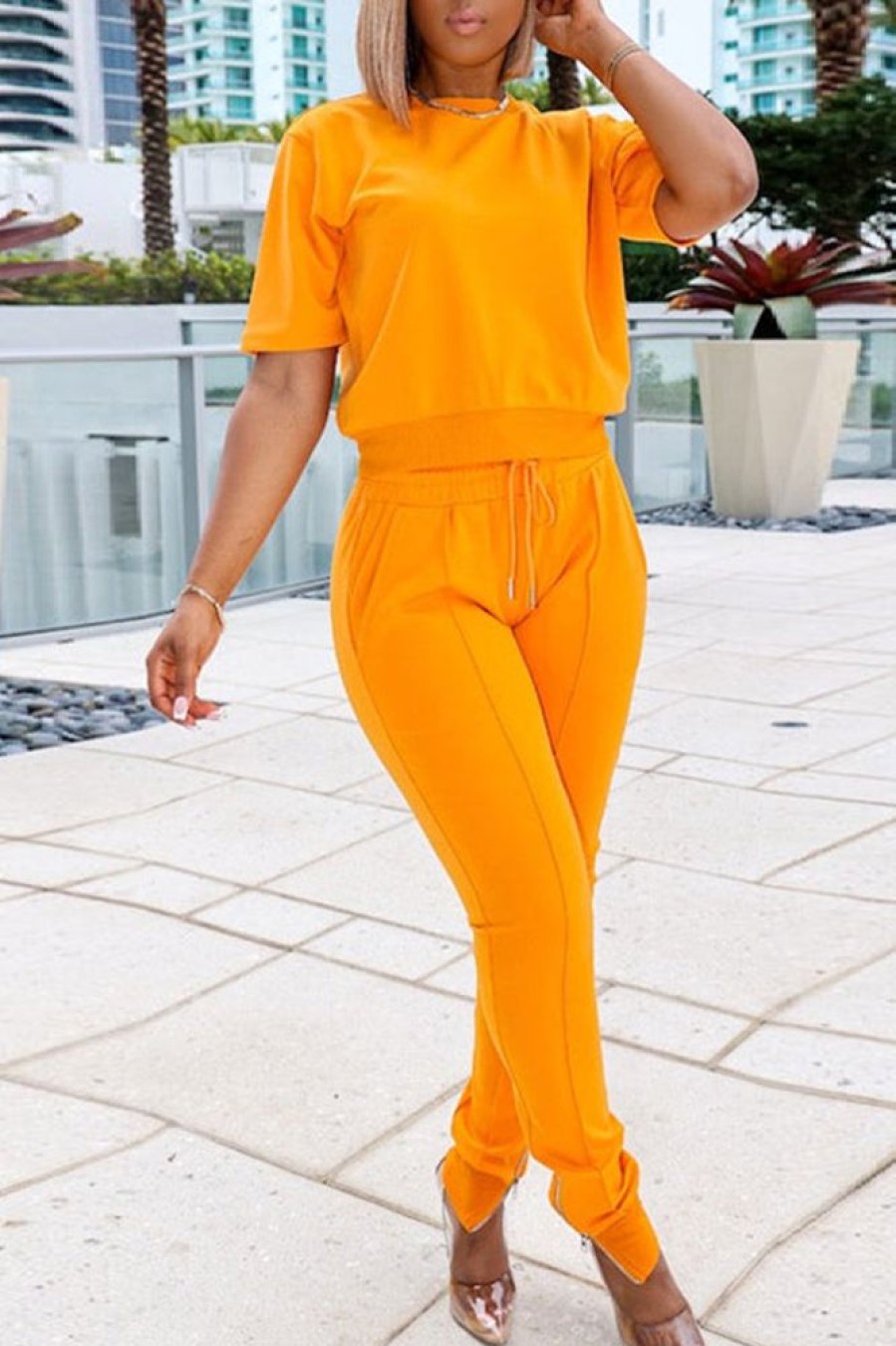 2-Pieces female | Street Fashion Solid Tee Top & Zipper Slit Pants Set