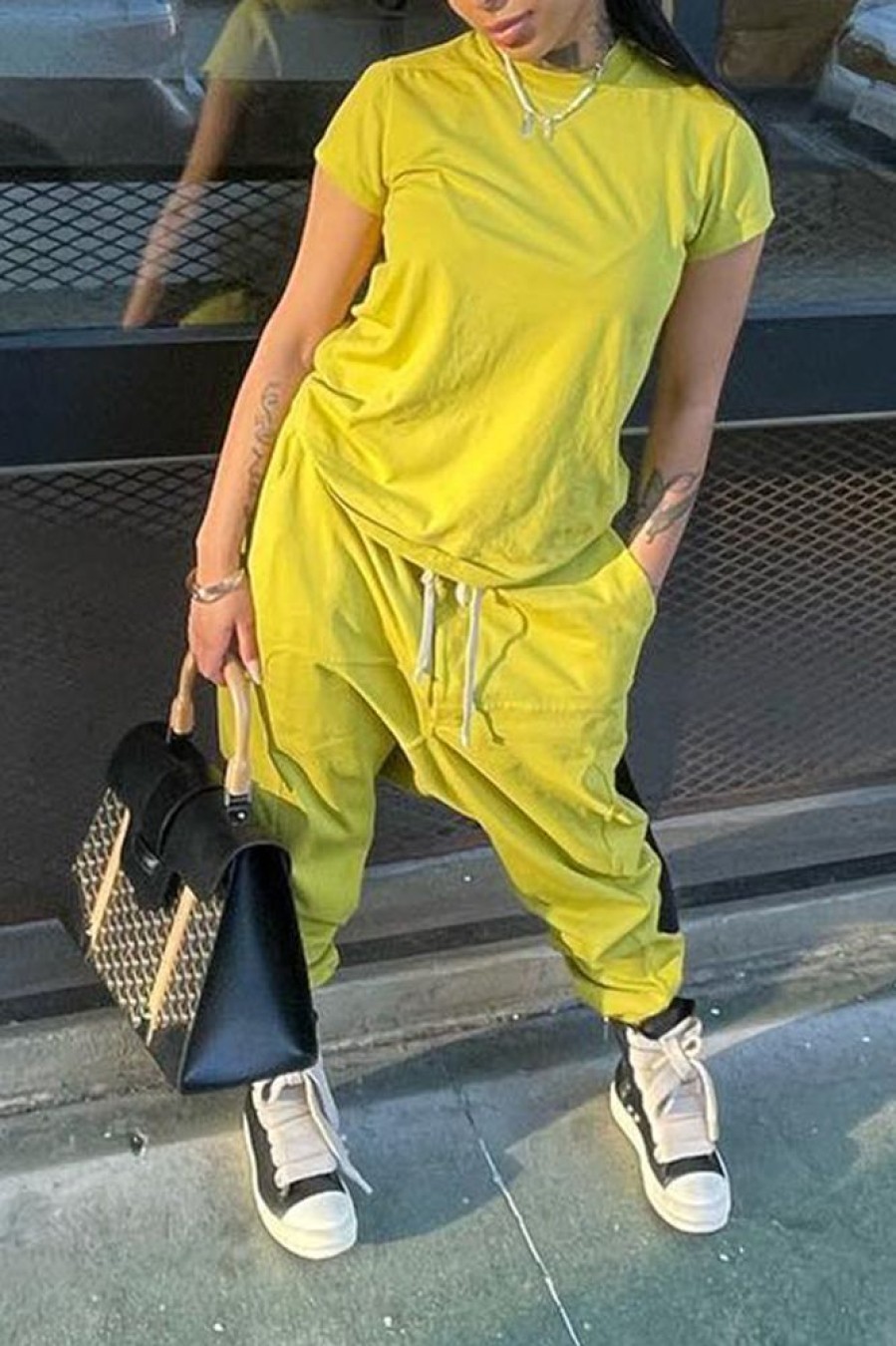 2-Pieces female | Fashion Casual Solid Color T-Shirt Loose Hanger Pants Set Yellow