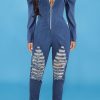 Jumpsuits & Rompers female | Personalized Puff Sleeve Ripped Zipper Jumpsuit Blue