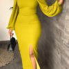 Dresses female | Temperament Solid Color Long Sleeve Square Collar Slim Fit Slit Maxi Dress