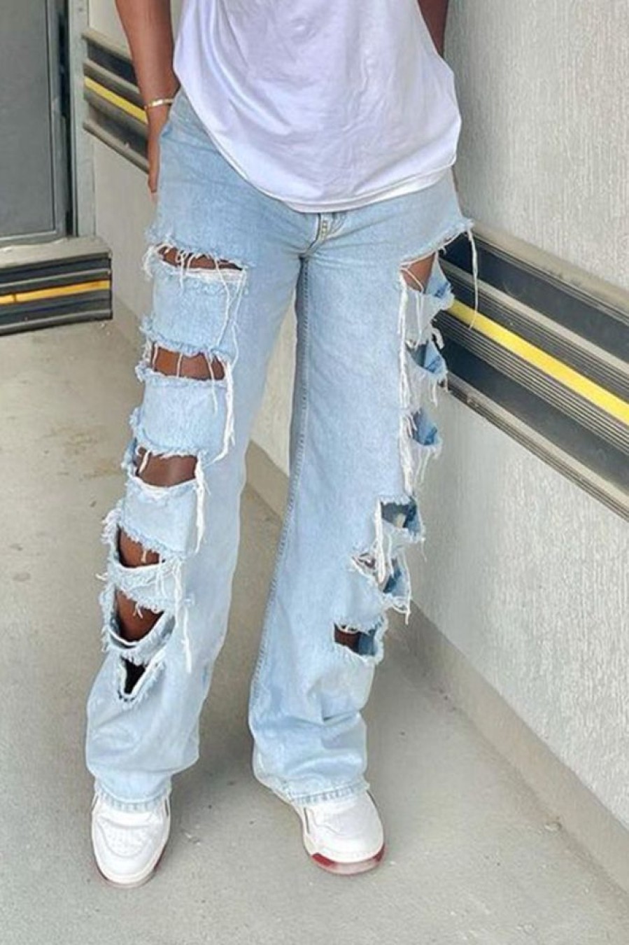 Bottoms female | Fashion Cut Ripped Straight Jeans Wathet Blue