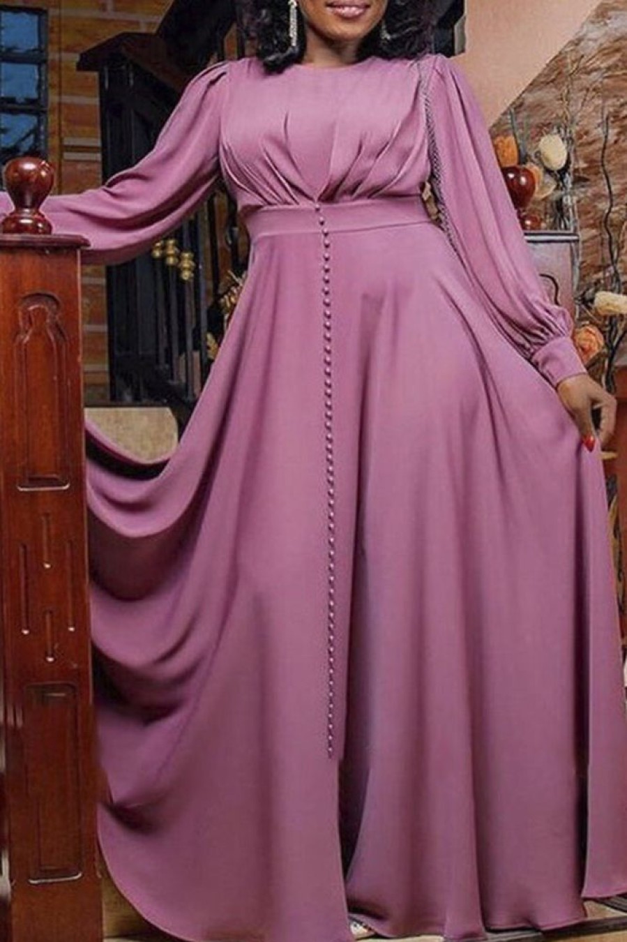 Dresses female | Retro Temperament Puff Sleeve High Waist Chiffon Maxi Dress Light Purple