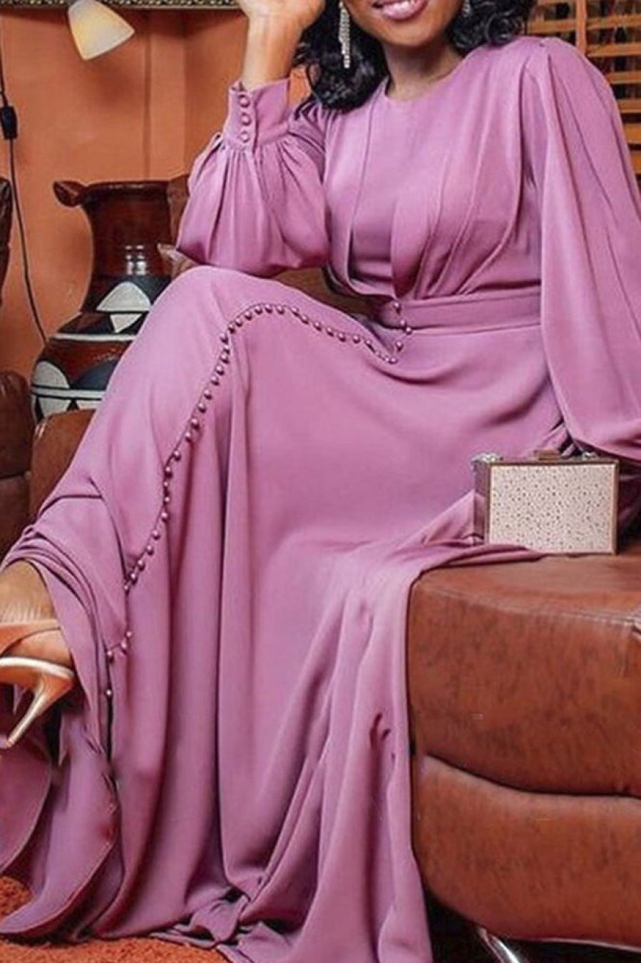 Dresses female | Retro Temperament Puff Sleeve High Waist Chiffon Maxi Dress Light Purple