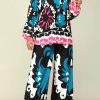 2-Pieces female | Stylish Printed Long-Sleeved Straight Pants Suit Blue