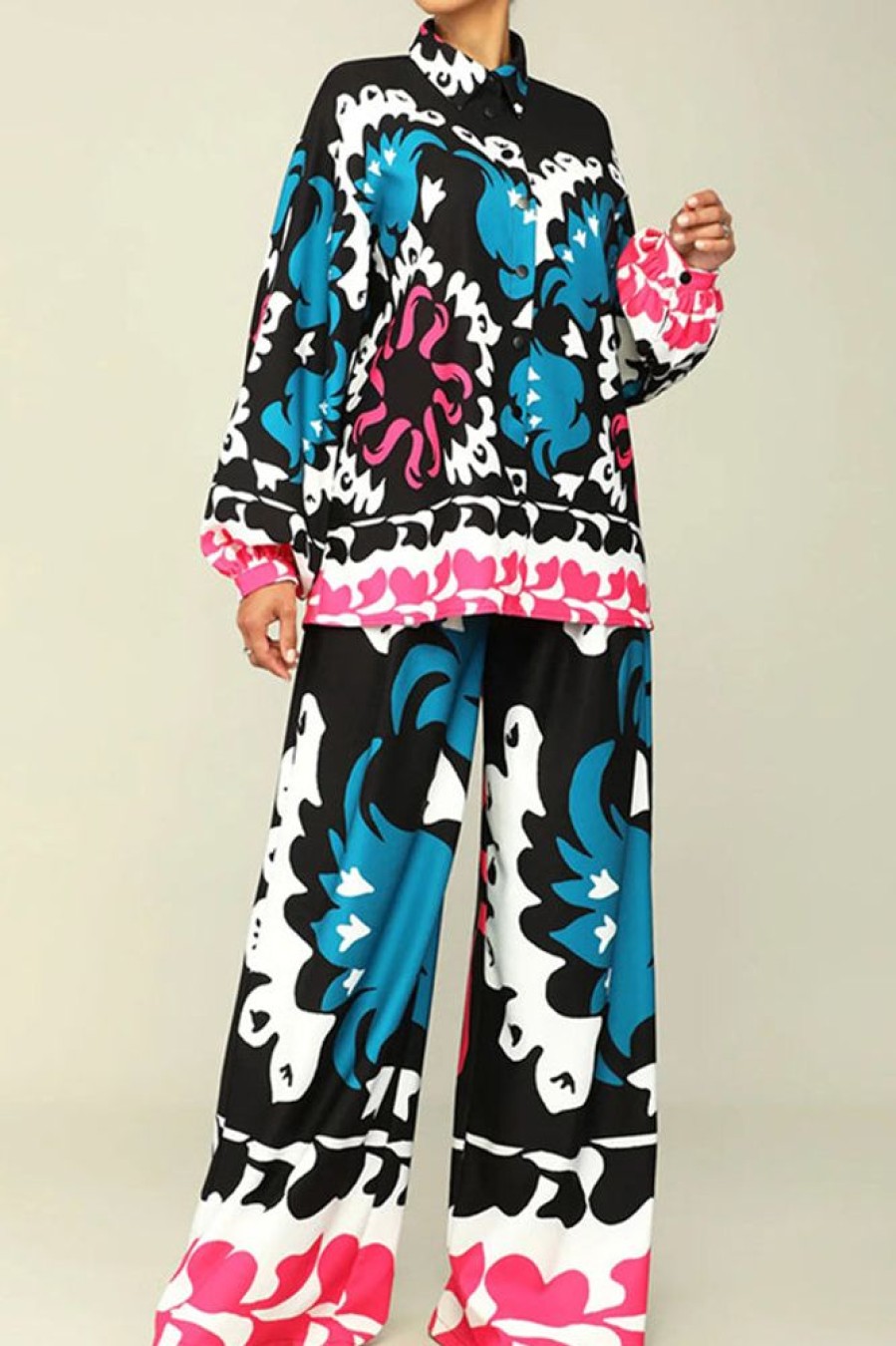 2-Pieces female | Stylish Printed Long-Sleeved Straight Pants Suit Blue