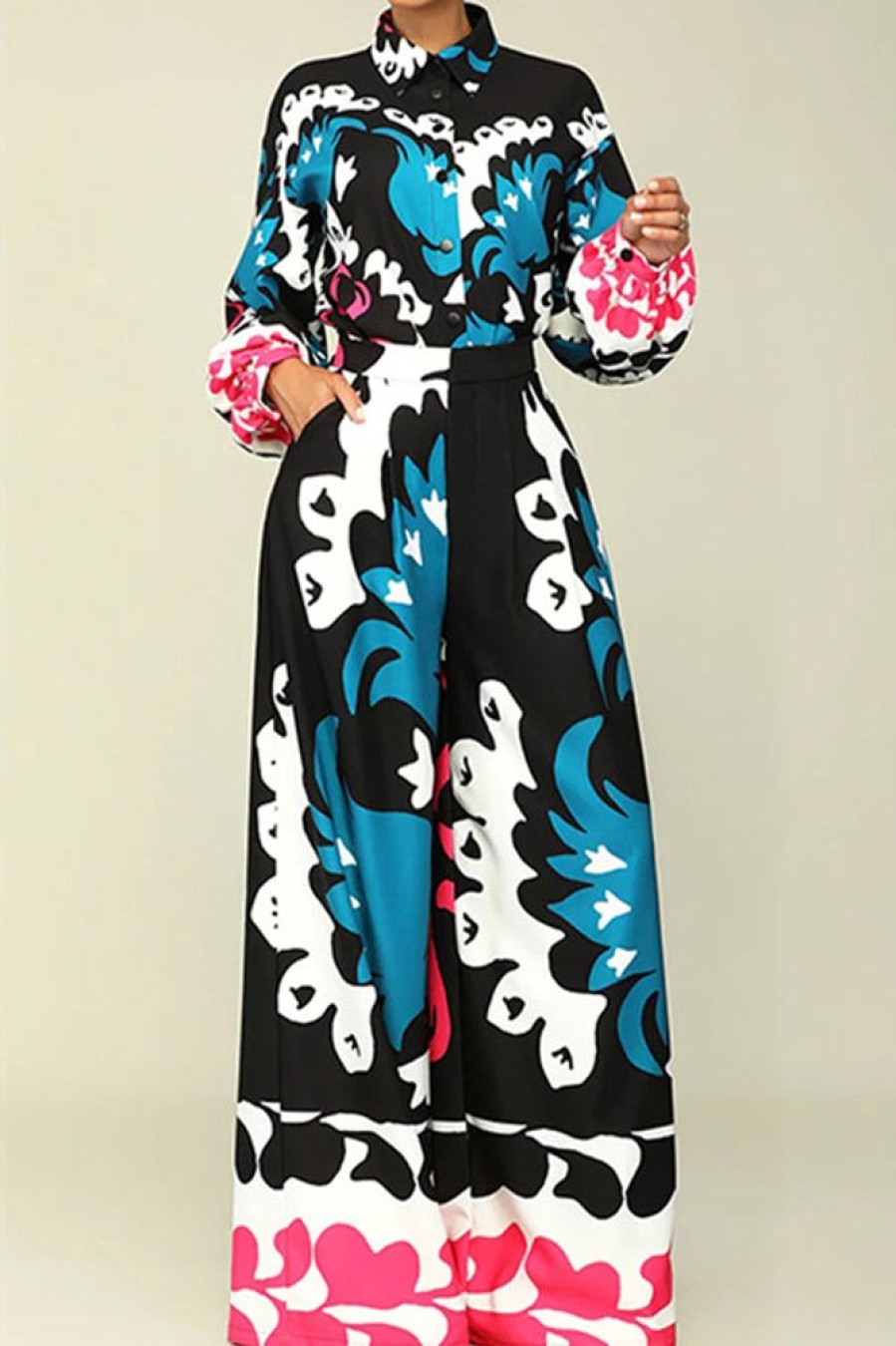 2-Pieces female | Stylish Printed Long-Sleeved Straight Pants Suit Blue