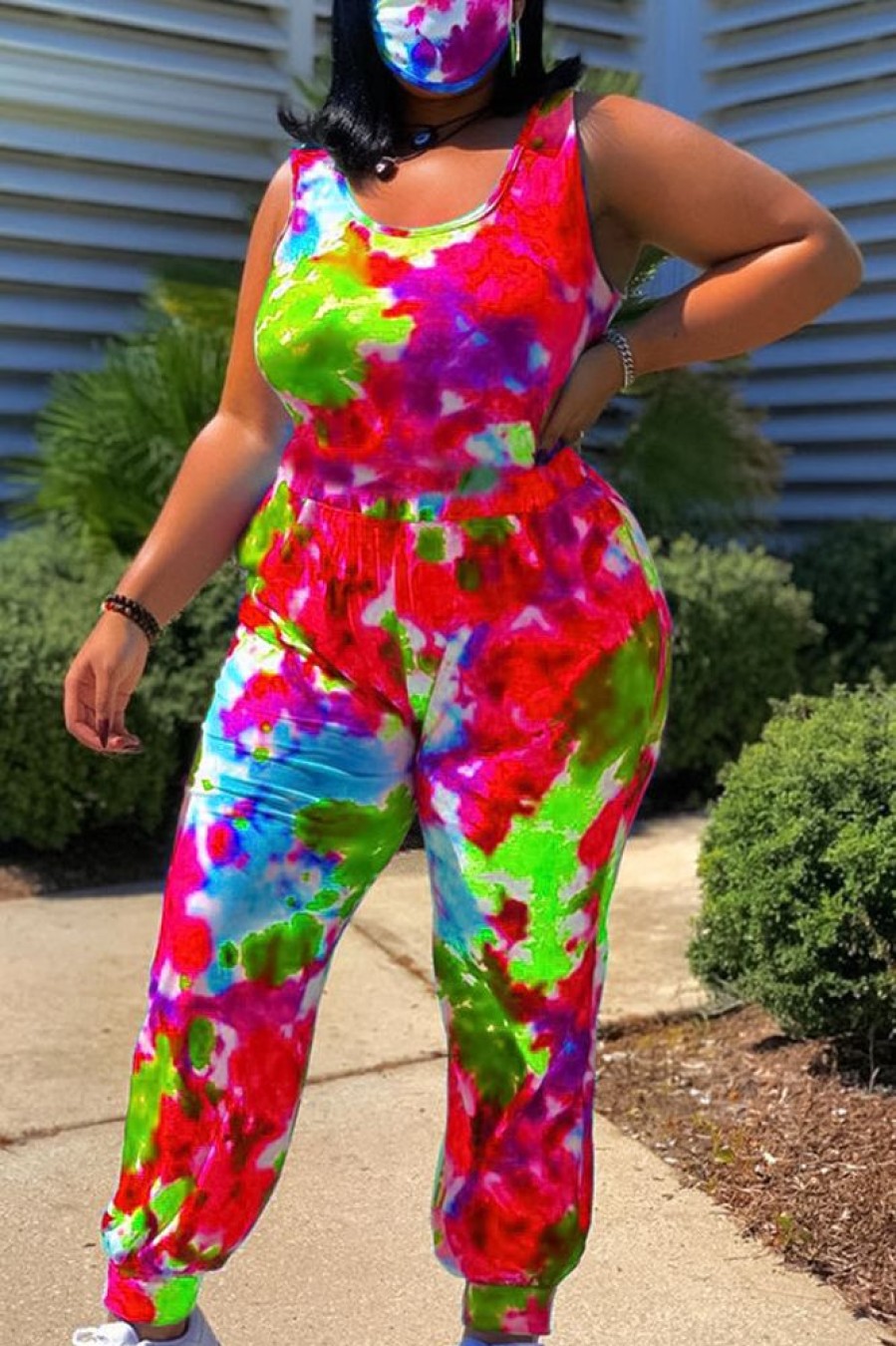 Jumpsuits & Rompers female | Plus Size Colorful Round Neck Jumpsuit